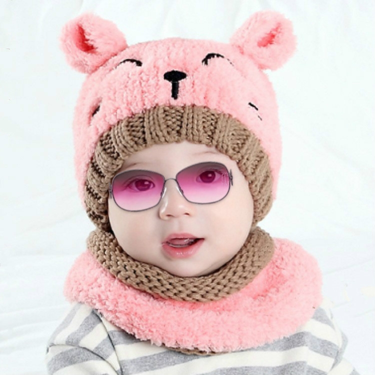 

Pink Hat + Scarf Autumn and Winter Baby Cat Embroidered Pattern Warm Knitted Hat, Size:44cm