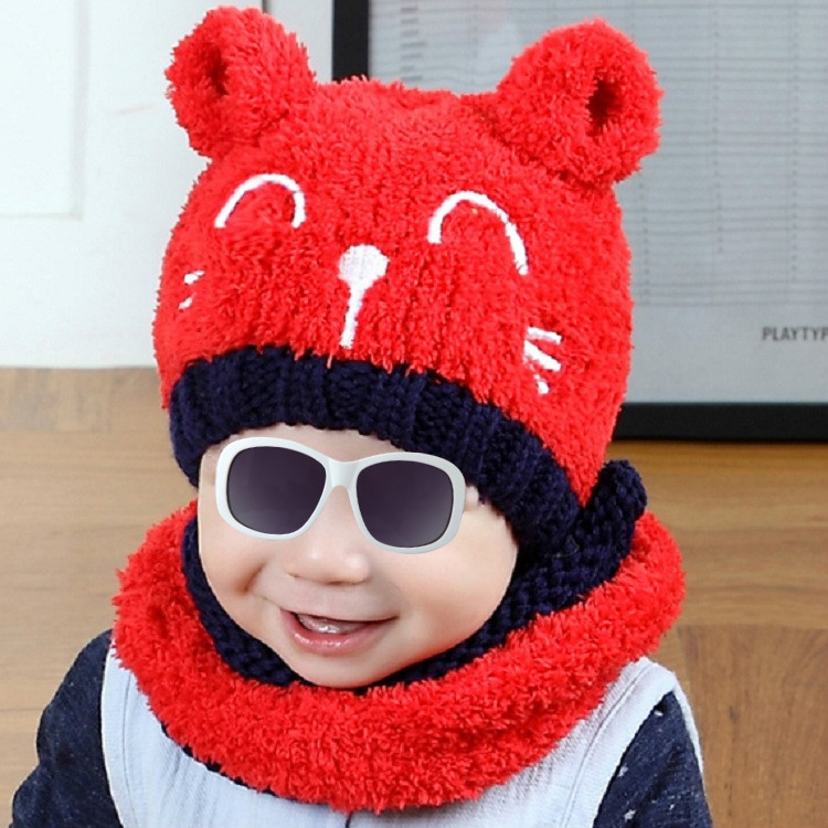 

Red Hat + Scarf Autumn and Winter Baby Cat Embroidered Pattern Warm Knitted Hat, Size:44cm