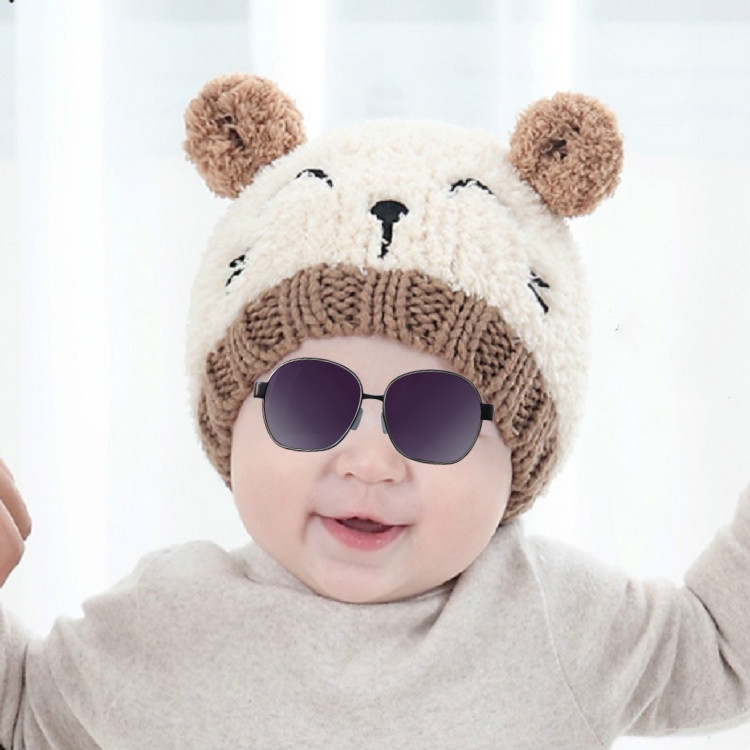 

Beige Single Hat Autumn and Winter Baby Cat Embroidered Pattern Warm Knitted Hat, Size:44cm