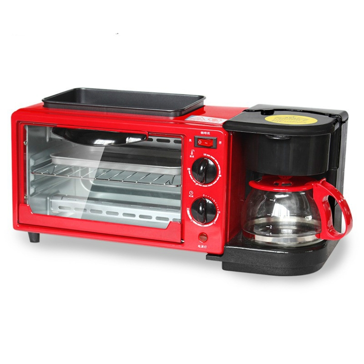 

3 in 1 Electric Breakfast Machine Multifunction Coffee Maker + Frying Pan + Mini Oven Household Bread Pizza Oven(Red)