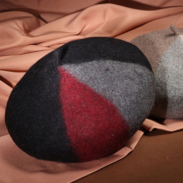 

Wool Fall Winter Color Matching Beret for Lady, Hat Size:Adjustable(Black)