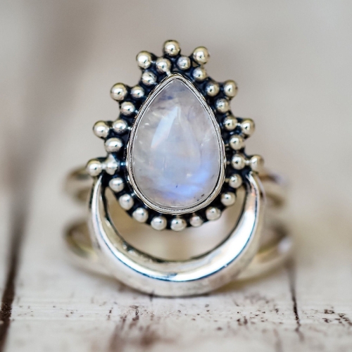 

925 Silver Women Vintage Diamond Punk Moonstone Ring, Ring Size:10