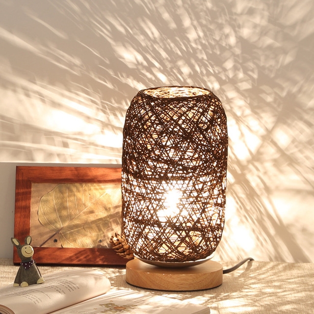 

USB Wood Rattan Twine Ball Lights Table Lamp Room Home Art Decorative Desk Light(Brown)