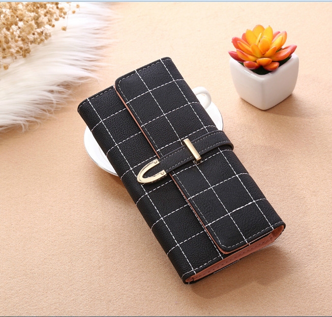 

Women Purse Thread Plaid Leather Fashion Design With Polyester Phone Bag Long Slim Ladies Wallet(Black)