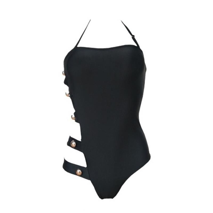 

Ladies Sexy Side Button Buckle Hollow Hanging Neck Triangle One-piece Swimsuit, Size:XL(Black)