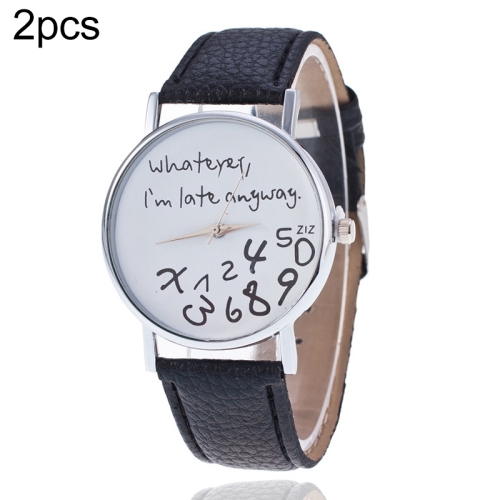 

2 PCS Alphabet Number Pattern Leather Strap Watch(Black)