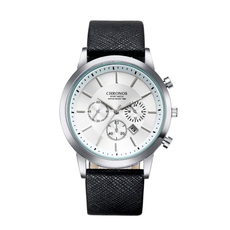 

CHRONOS CH0401 Three-eye Six-needle Leather Belt Sports Watch for Men(Black and White)