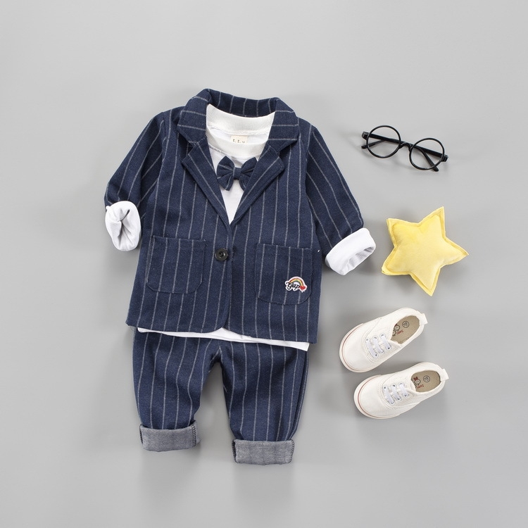 

3 in 1 Boy Vertical Striped Cotton Long Sleeve Blazer + Lined Top + Pants Set, Height:80cm(Dark Blue)