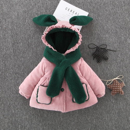 

Winter Baby Girls Long Sleeve Cartoon Rabbit Ear Hooded Thick Warm Coat with Scarf, Height:80cm(Pink)
