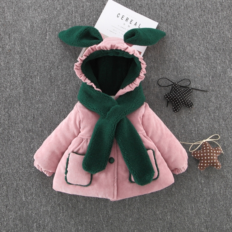 

Winter Baby Girls Long Sleeve Cartoon Rabbit Ear Hooded Thick Warm Coat with Scarf, Height:100cm(Pink)