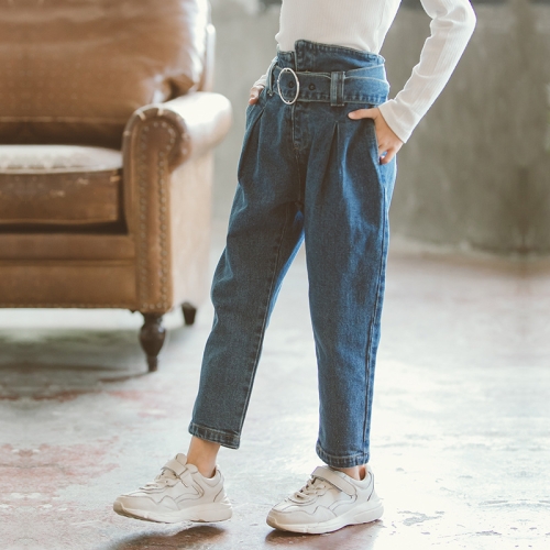 

Autumn Girls Wild Washed Straight Cylinder Shape Jeans with Belt, Height:130cm(Blue)