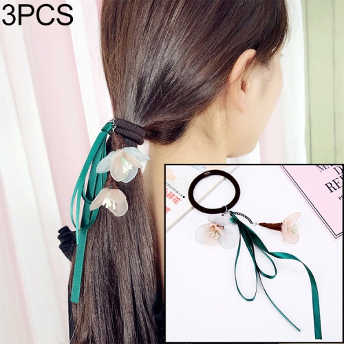 

3 PCS Women Elastic Hair Bands Elegant Girl Ribbon Flower Rubber Bands Ponytail Holder Hair Accessories(Green pink flower / dark green belt)