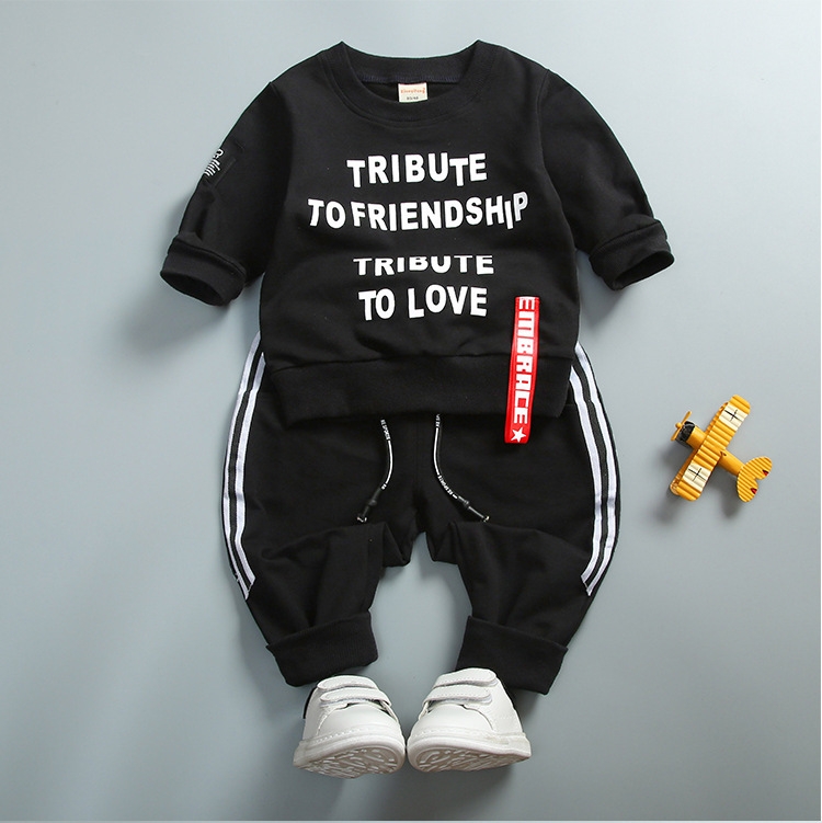 

Children Spring and Autumn Letter Pattern Long Sleeve Pullover Top + Pants Sports Casual Clothing Set, Height:80cm(Black)
