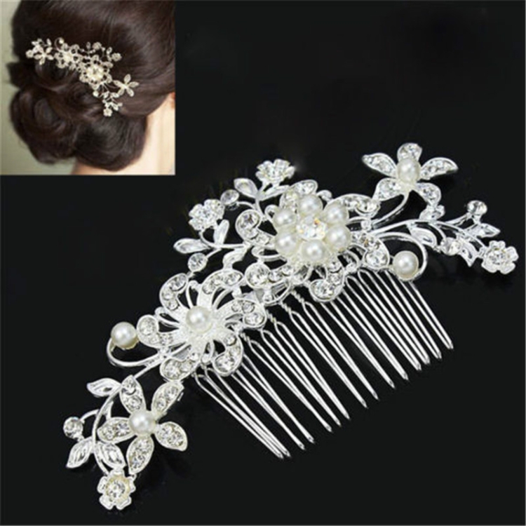 

3 PCS Wedding Hair Clips Romantic Crystal Pearl Flower Hairpin Rhinestone Tiara Bridal Crown Hair Pins Bride Hair Comb(White)