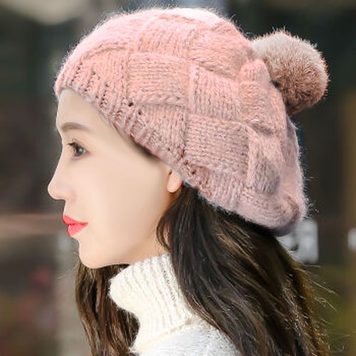 

Winter Girls Cute Rabbit Fur Ball Knitted Wool Hat Beret, Size:One Size(Pink)