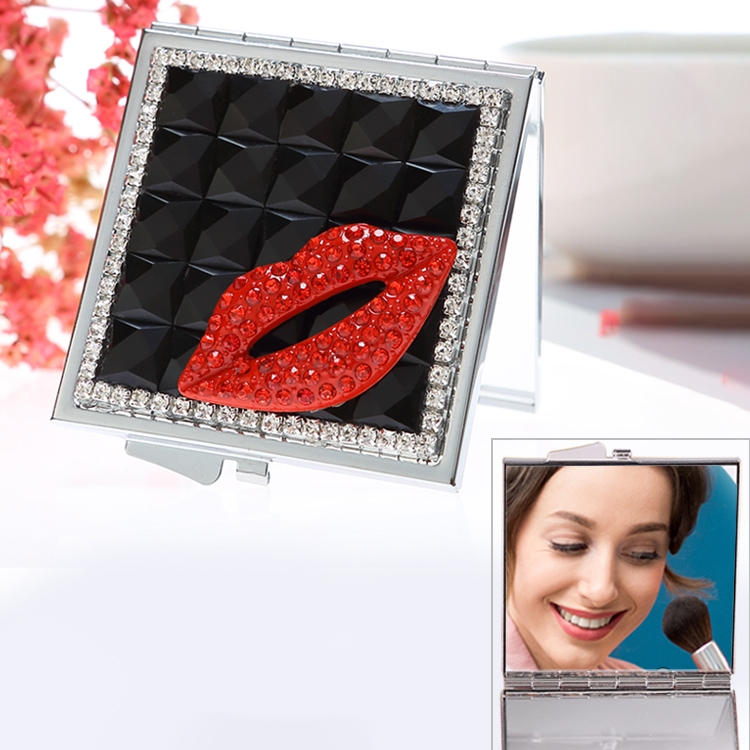 

Handmade Diamond Mini Makeup Mirror Portable Double-sided Small Mirror Ruby Red Lips(Black)