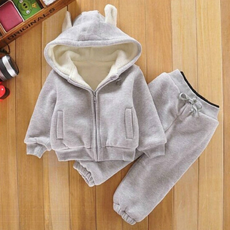 

Autumn and Winter Warm Long-sleeved Thickening Plus Velvet Children Clothing Set, Height:90cm(Grey Bear Thick)