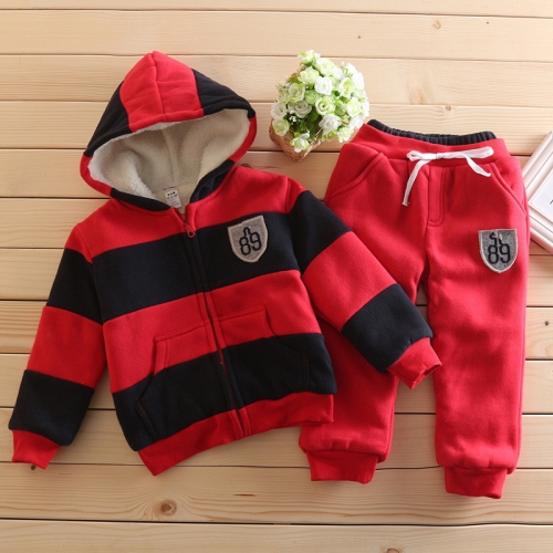 

Autumn and Winter Warm Long-sleeved Thickening Plus Velvet Children Clothing Set, Height:130cm(Red Strip Thick)