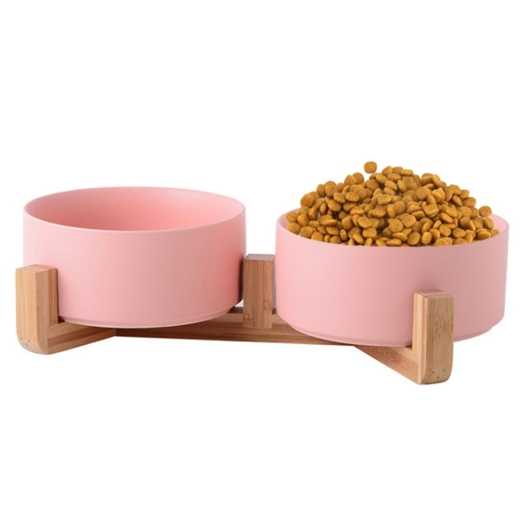 

13cm/400ml Cat Bowl Dog Pot Pet Ceramic Bowl, Style:Double Bowl With Wooden Stand(Pink)