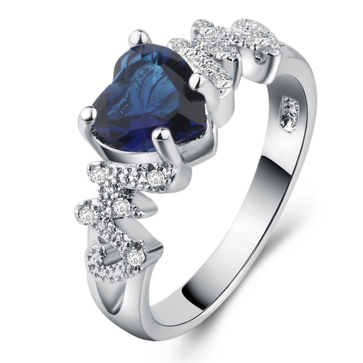 

925 Sterling Silver Women Heart Pattern Diamond Ring, Ring Size:7(Blue)