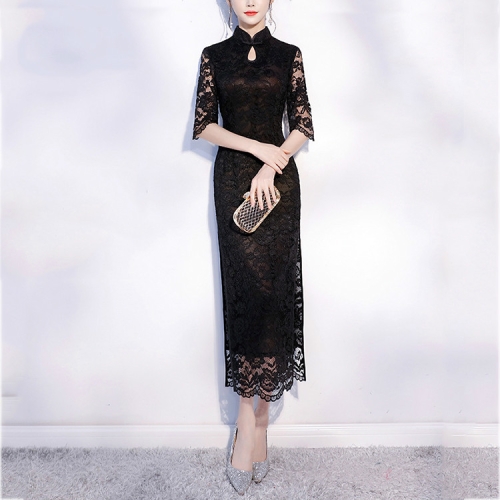 

Chinese-style Bride Wedding Dress Lady Slim Long Vintage Lace Cheongsam, Size:L(Black)