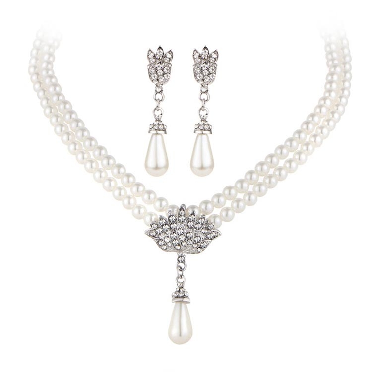 

Temperament Imitation Pearl Diamond Short Clavicle Necklace Earring Jewelry Set(GEE04-02)