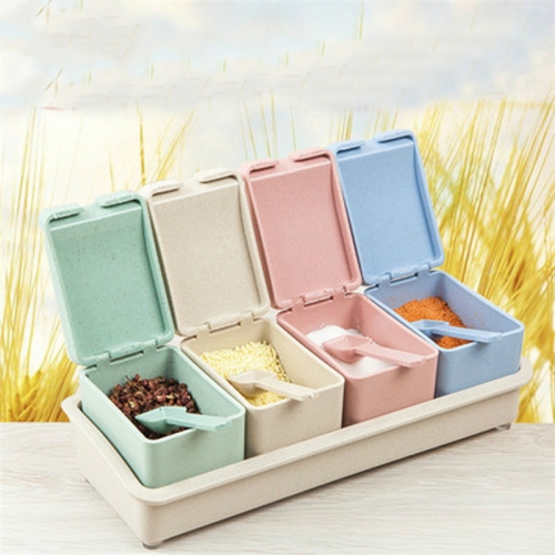 

4 PCS Wheat Straw Plastic Seasoning Jar Set Kitchen Condiment Box Cruet Salt Pepper Shakers