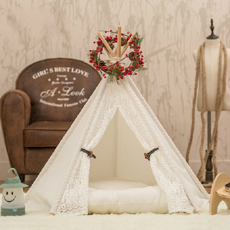 

Removable and Washable Canvas Fabric Pet Nest Pet Tent, Size:50x50x60 cm, Style:Spiked Lace (with Pad)