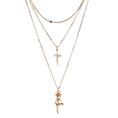 

Vintage Cross Rose Flower Pendant Necklaces Women Girl Floral Layered Necklace(gold)