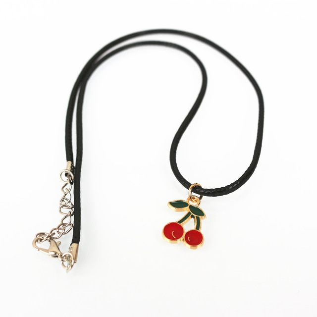 

Women Cherry Leather Rope Chain Pendant Necklace(Black)