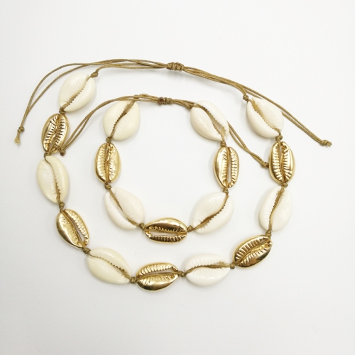 

Shell Charm Hand Chain Necklace Beige Cord Hand Jewelry Necklace, Design:Gold whole set