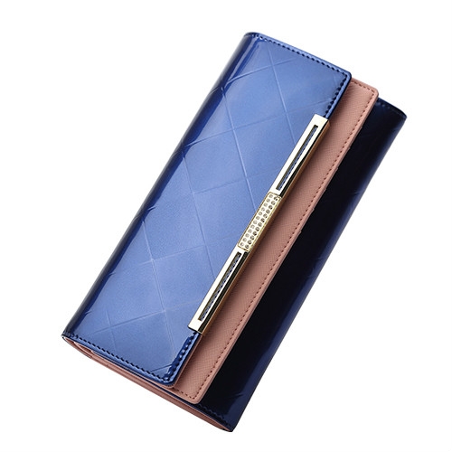 

Cowhide Leather Wallet Luxury Design Ladies Party Clutch Patent Leather Purses Long Card Holder(Blue)