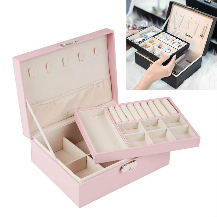 

Portable Leather Jewelry Storage Box Necklace Ring Watch Storage Box, Style:Double Layer(Pink)