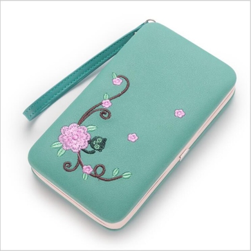 

Ladies Fashion Multifunctional Cat Embroidered Long Clutch Bag(Water Green)
