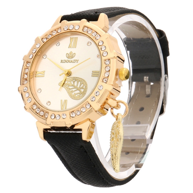 

Dial Plated Diamond PU Leather Belt Watch with Leaf Pendant(Black)