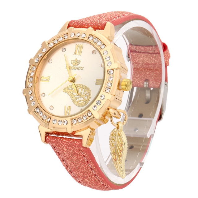 

Dial Plated Diamond PU Leather Belt Watch with Leaf Pendant(Red)
