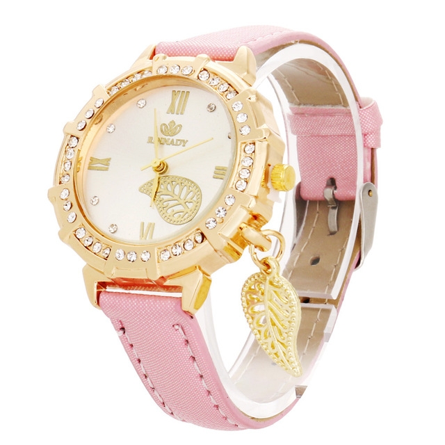 

Dial Plated Diamond PU Leather Belt Watch with Leaf Pendant(Pink)
