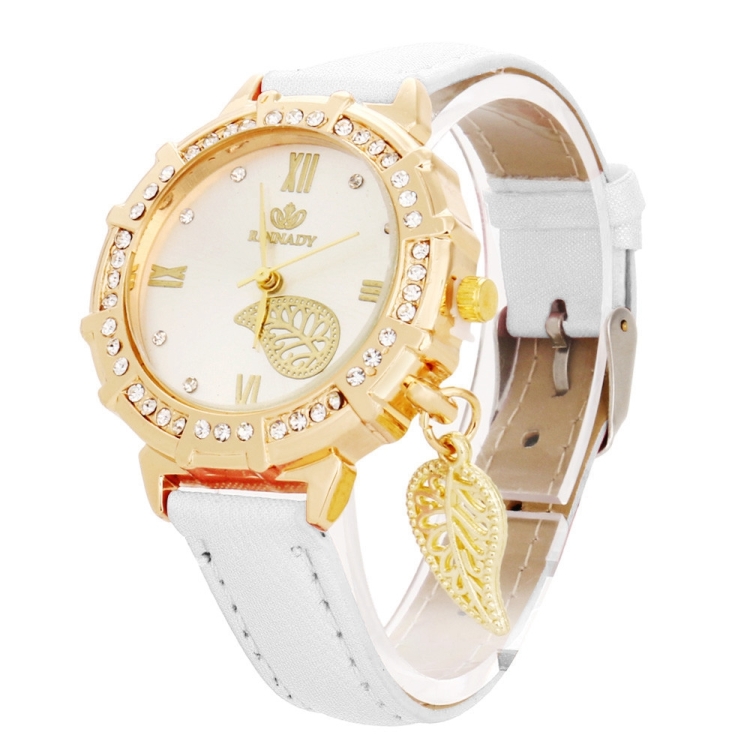 

Dial Plated Diamond PU Leather Belt Watch with Leaf Pendant(White)