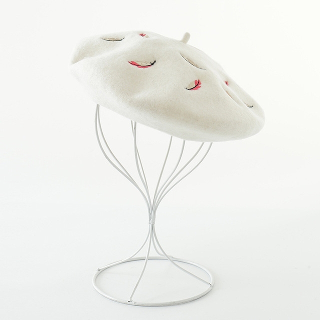

Winter Female Colored Leaf Embroidery Pattern Warm Wool Beret, Size:One Size(White)