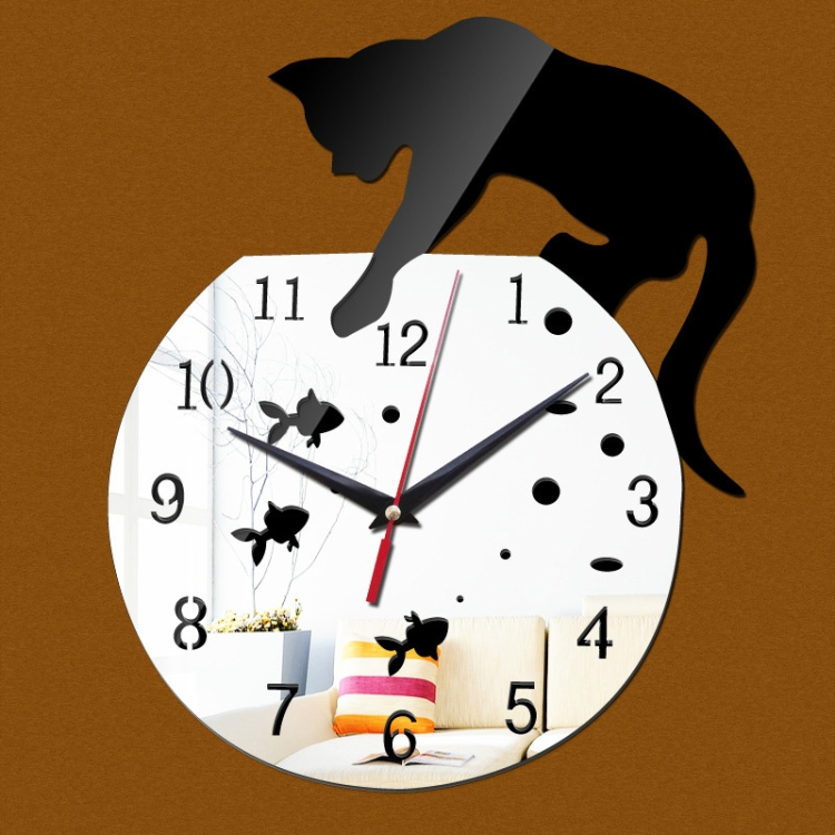 

3D Acrylic Cat Mirror Wall Clock DIY Fashion Home Decoration(Silver Black)