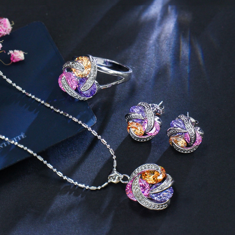 

Fashion Cubic Zirconia Knot Earrings Necklace Ring Set for Women, Ring Size:7(Multi-color)