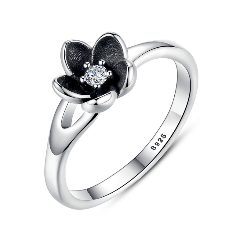 

925 Sterling Silver Women Black Floral Shape Ring Jewelry, Ring Size:6