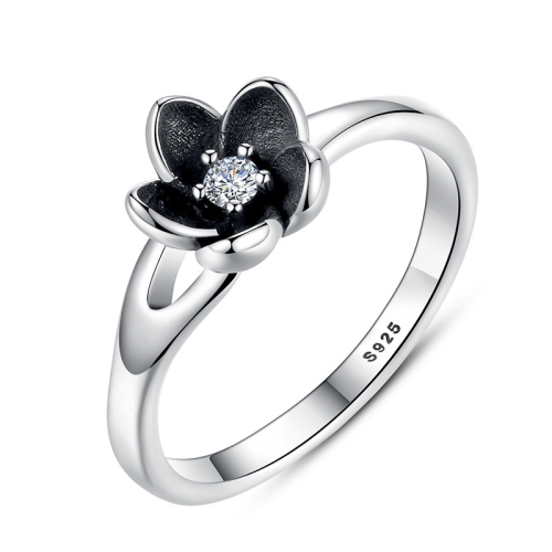 

925 Sterling Silver Women Black Floral Shape Ring Jewelry, Ring Size:8