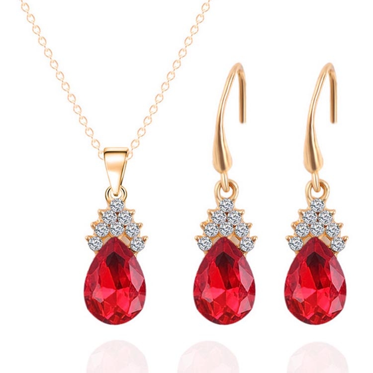 

Fashion Diamond Ladies Crystal Zircon Drop Necklace Earring Set(Red)