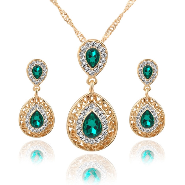 

Women Crystal Water Drop Pendant Necklaces Earrings Sets(Green)
