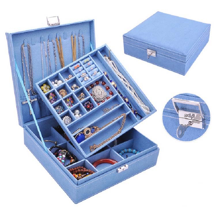 

Velvet Double-layer Large Square Jewelry Storage Box, Color:Blue