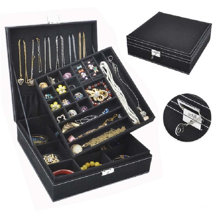 

Velvet Double-layer Large Square Jewelry Storage Box, Color:Black