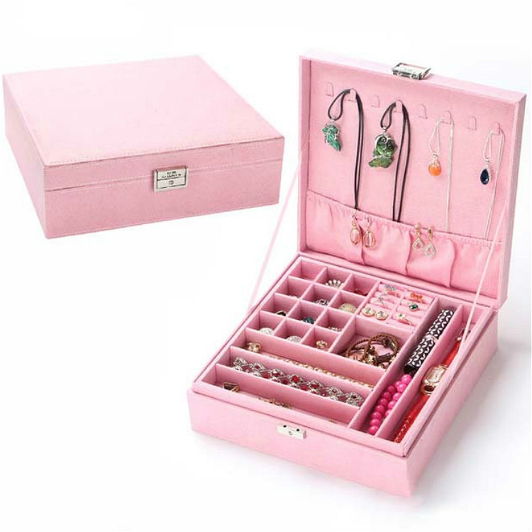 

Velvet Double-layer Large Square Jewelry Storage Box, Color:Pink