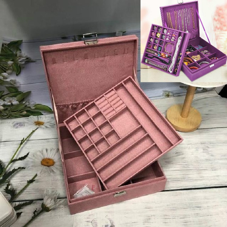 

Velvet Double-layer Large Square Jewelry Storage Box, Color:Korean Pink