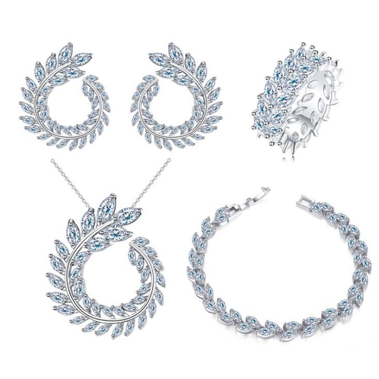 

4 PCS/Set Leaf Shape Fashion CZ Necklace Earring Bracelet and Ring Sets, Ring Size:9